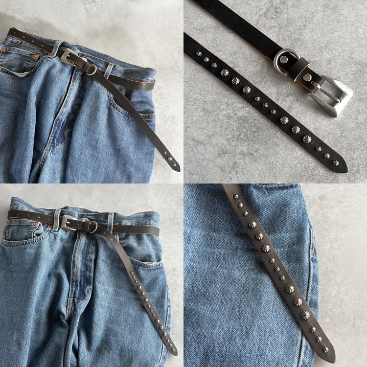 日本製 茶芯レザー 3連 15連 スタッズ ナローベルト 1.9cm幅 真鍮