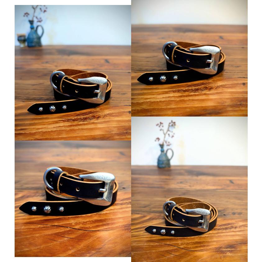 日本製 茶芯レザー 3連 15連 スタッズ ナローベルト 1.9cm幅 真鍮