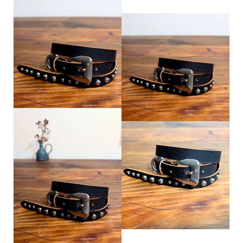 日本製 茶芯レザー 3連 15連 スタッズ ナローベルト 1.9cm幅 真鍮