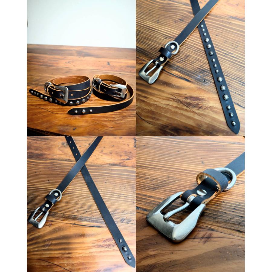 日本製 茶芯レザー 3連 15連 スタッズ ナローベルト 1.9cm幅 真鍮