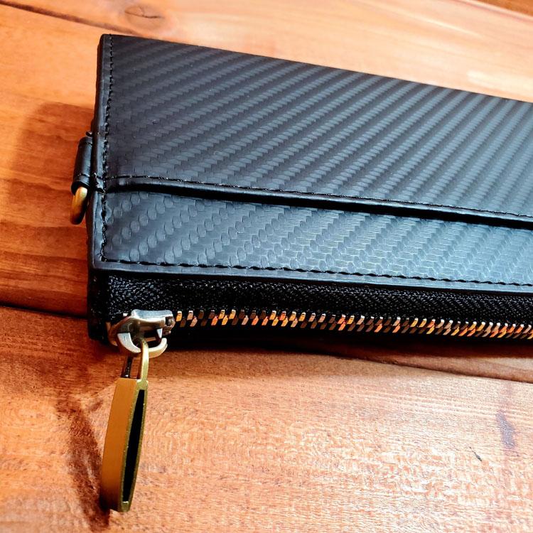 カーボンレザー L字 カラーファスナー 長財布 ロングウォレット 牛革