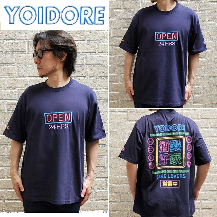 yori ヨリ　丸襟カラー　半袖トップス　シャツ　ネイビー　Tシャツ YOIDORE 酔いどれ ネオン 半袖Tシャツ プリント 酒愛好家 カラー刺繍