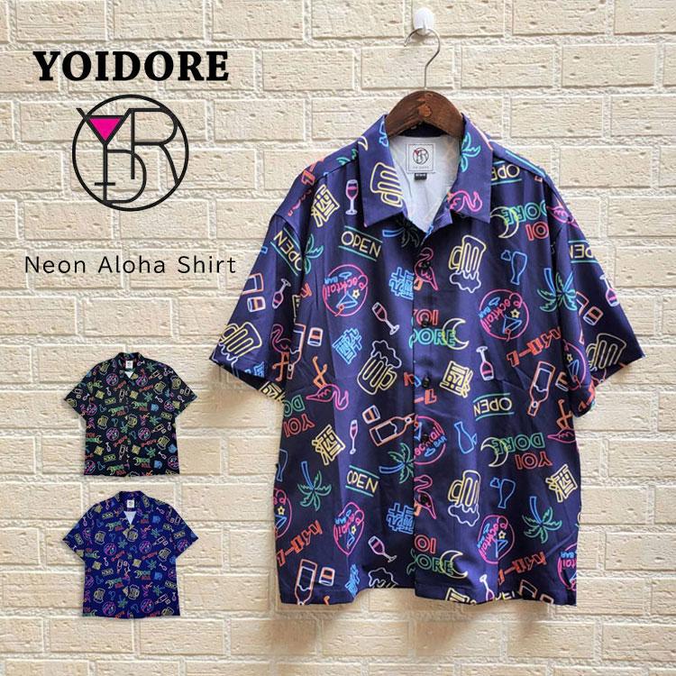 yori ヨリ　丸襟カラー　半袖トップス　シャツ　ネイビー　Tシャツ YOIDORE ネオン アロハシャツ 総柄 半袖シャツ よいどれ オープン