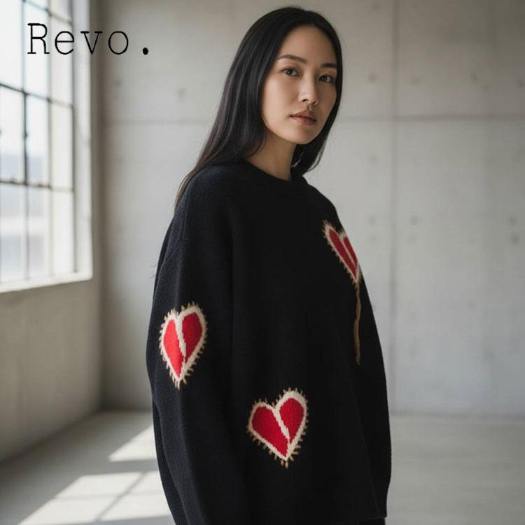 Revo. ハート柄 クールネック ニット セーター ルーズニット