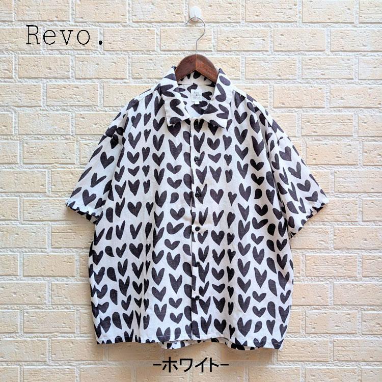 Revo. レヴォ 半袖シャツ ハート柄 総柄 リネン混 開襟シャツ セミ