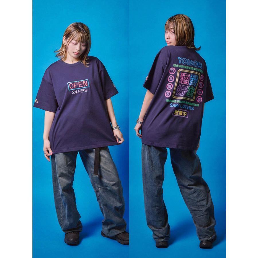 YOIDORE 酔いどれ ネオン 半袖Tシャツ 酒愛好家 カラー刺繍 発泡