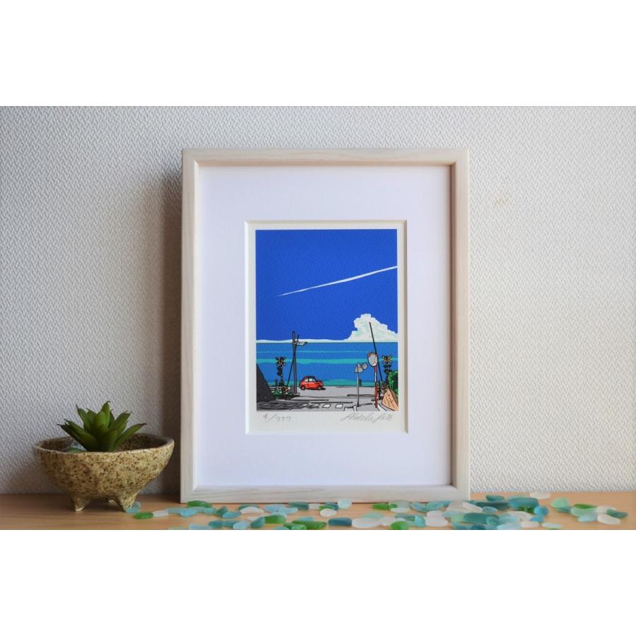 江ノ島の絵　絵画　額 版画作品 湘南イラスト「青い季節の陽の下で」 フレーム（額