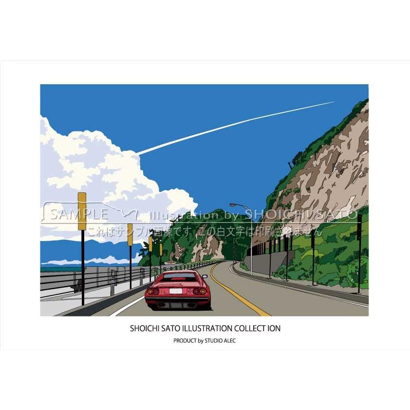 湘南イラストポスター「稲村ケ崎の海岸線を駆け抜けるフェラーリ A4