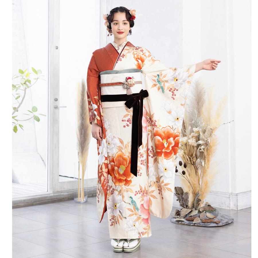 【新作】お誂え付き振袖フルセット/RF-33/ラフィネモカ/オレンジ/ルージュ/振袖/購入/ブランド/成人式/卒業式/結婚式/着物/フルセット | 