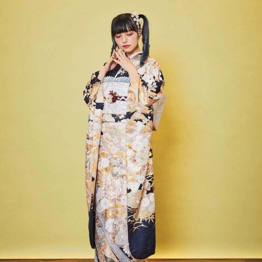 子育てママ⭐︎振袖フルセット【72】正絹　成人式　卒業式 振袖 レンタル フルセット 成人式 結婚式 卒業式 紺 ネイビー