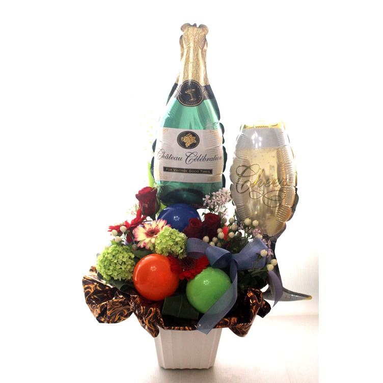 シャンパンボトルとグラス バルーン入りアレンジ 風船【バルーンフラワー】【生花】 誕生日 記念日 歓迎 退職 結婚 開店 お中元　お歳暮【地域限定送料無料】 |  | 01