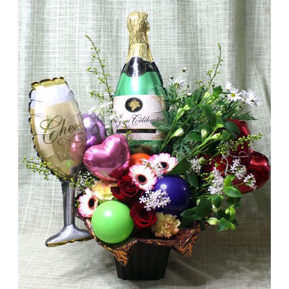 シャンパンボトルとグラス バルーン入りアレンジ 風船【バルーンフラワー】【生花】 誕生日 記念日 歓迎 退職 結婚 開店 お中元　お歳暮【地域限定送料無料】 |  | 06