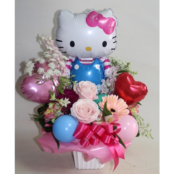 キティちゃんとバルーン♪　ハローキティ 生花 バルーン入りアレンジ 風船 花とバルーン 誕生日 お祝い 開店祝い 発表会　【地域限定送料無料】 |  | 01
