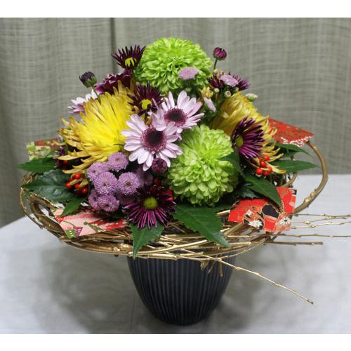 お正月の和風花束 アレンジメント ブーケ 生花 花束 アレンジ フラワーギフト 花の贈り物 寿 お祝い 菊　床の間　ディスプレー | 