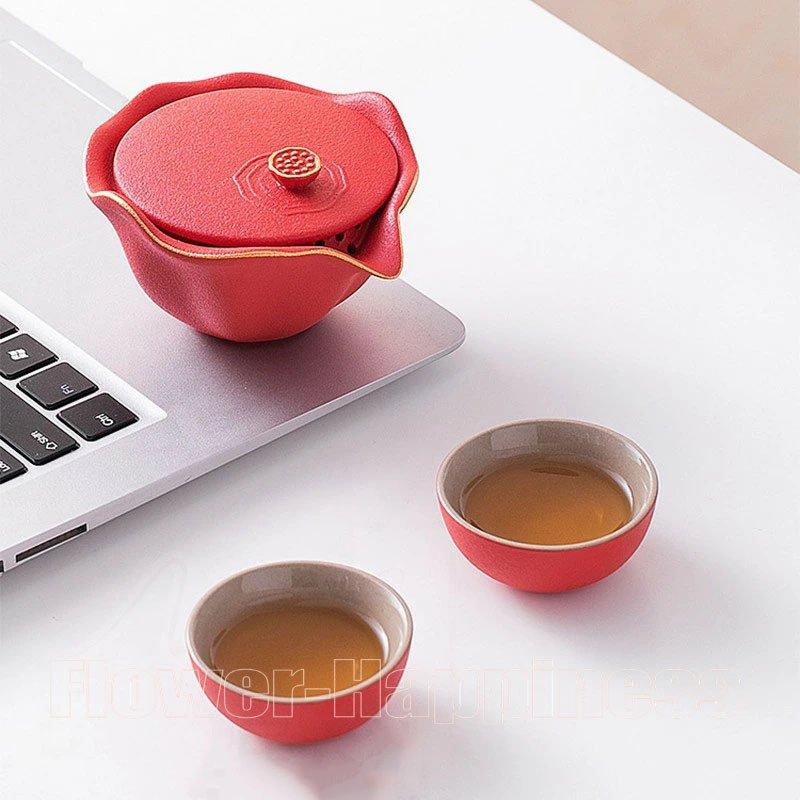 携帯用茶器セット 2タイプ 2色 茶芸 陶器 旅行 収納バッグ付き