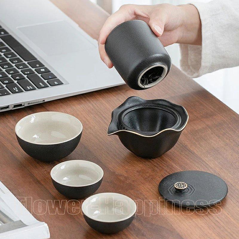 携帯用茶器セット 2タイプ 2色 茶芸 陶器 旅行 収納バッグ付き