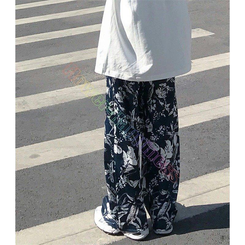 モノクロ ボタニカル柄 ストレートパンツ パンツ ボトムス 花柄