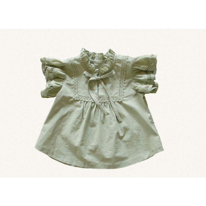 ブラウス 半袖 袖フリル レース ヨーク リボン キッズ 女の子 トップス
