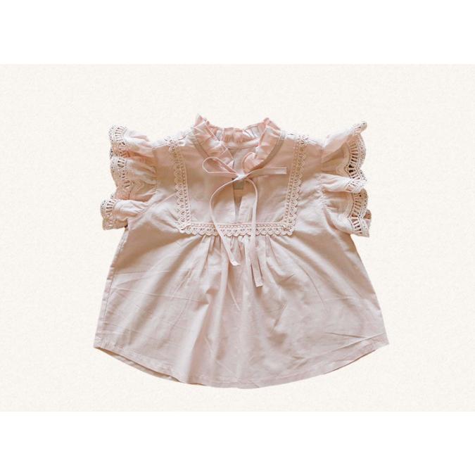 ブラウス 半袖 袖フリル レース ヨーク リボン キッズ 女の子 トップス