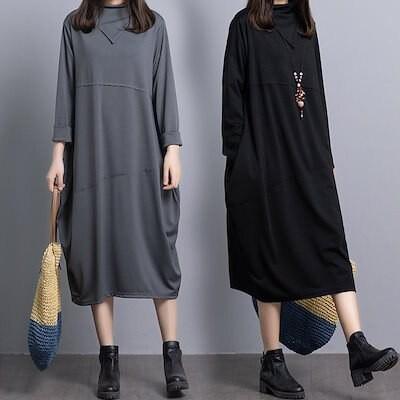 ワンピースロング丈レディース秋長袖ハイネックAラインワンピース平服