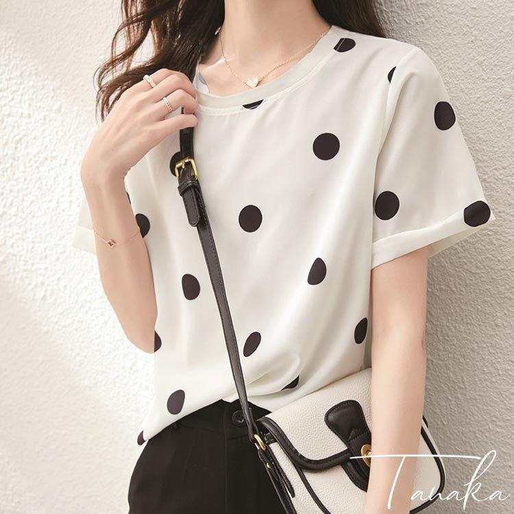 Tシャツレディース40代春夏新作オシャレブラウスドット柄半袖トップスプリントレションTシャツ大人通勤韓国風30代50代