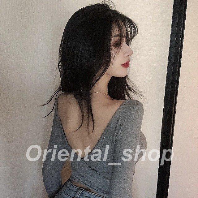 カットソーレディース長袖黒春夏秋丈短め背中あきトップス通勤服