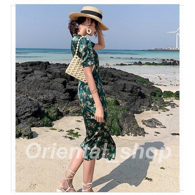 ハワイアンワンピース　八分袖　袖口ゴム③ リゾートワンピースハワイロングミモレ丈半袖vネック沖縄グアム10代20