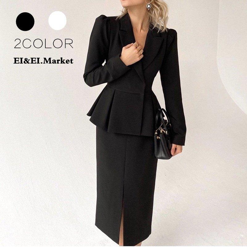 スーツレディーススカートスーツ黒白きれいめ40代50代vネック上品美足