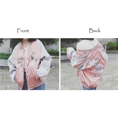 秋冬新品スカジャンレディースジャケット刺繍クジャク花柄バイカラー