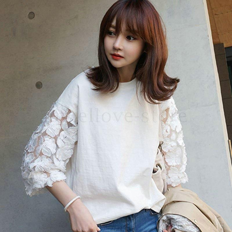 Ｔシャツトップスカットソーレディースプラウスチュニック体型カバーゆったり七分袖レースシースルー綿混無地シンプル着痩せカジュアル