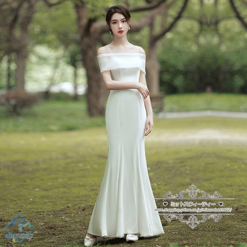 ウエディングドレス 花嫁 ウェディングドレス 結婚式 披露宴 二次会 2次会 前撮り オフホワイト ロングドレス 海外挙式 ブライダル スレンダーライン 韓国風_2