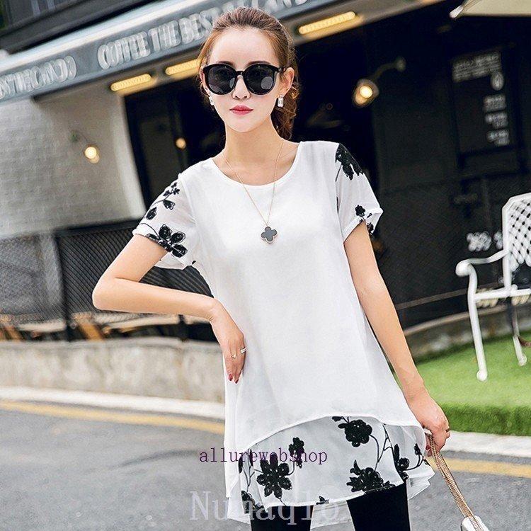 花柄刺繍 Aラインチュニック 半袖 ホワイト チュニックワンピースカットソーレースAラインシフォン