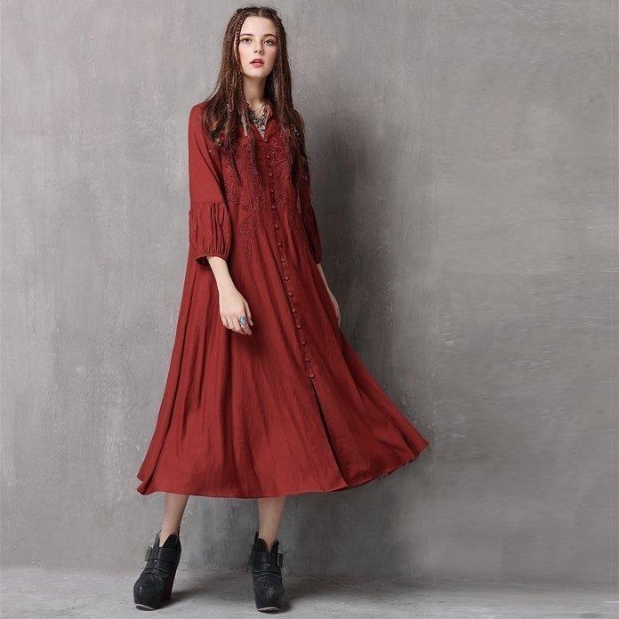 シャツワンピース レディース 女性 ロング丈 フレア 七分袖 前ボタン スキッパーカラー 刺繍 Aライン シンプル 無地 おしゃれ かわいい 大人っぽ_2
