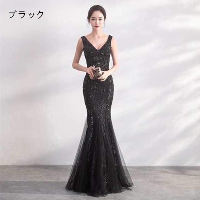 マーメイドドレス ロング Vネック ノースリーブ イブニングドレス スパンコール 金色 黒 赤 パーティードレス 二次会ドレス お呼ばれドレの画像