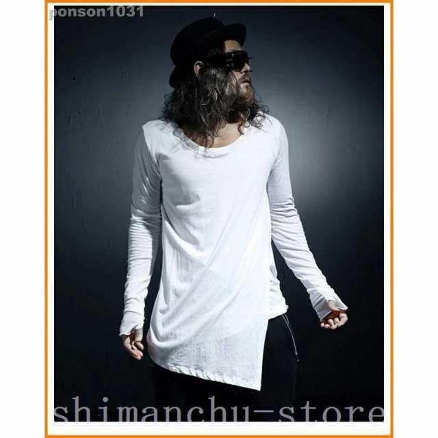 Tシャツメンズロング丈変形アシンメトリーアシメカットソー無地指穴