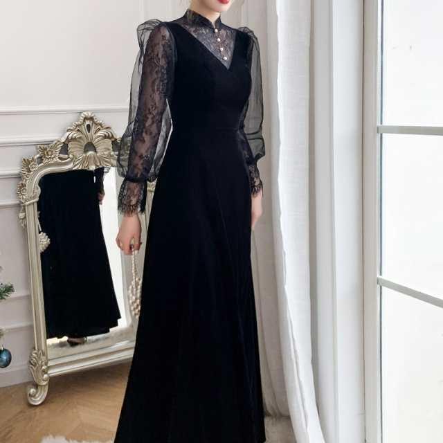 パーティードレス かっこいい 個性的 ロング 黒 長袖 総レース 春 夏 シフォン ブラウス風 大きいサイズ 結婚式 二次会 お呼ばれ ドレス_1