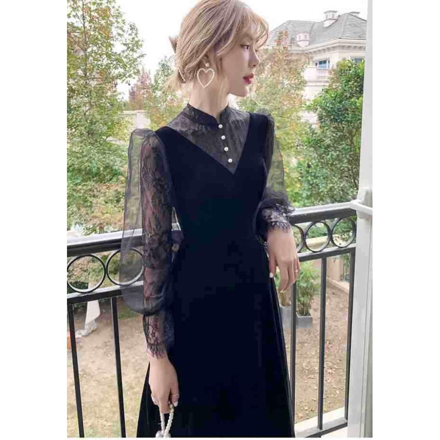 パーティードレス かっこいい 個性的 ロング 黒 長袖 総レース 春 夏 シフォン ブラウス風 大きいサイズ 結婚式 二次会 お呼ばれ ドレス_2