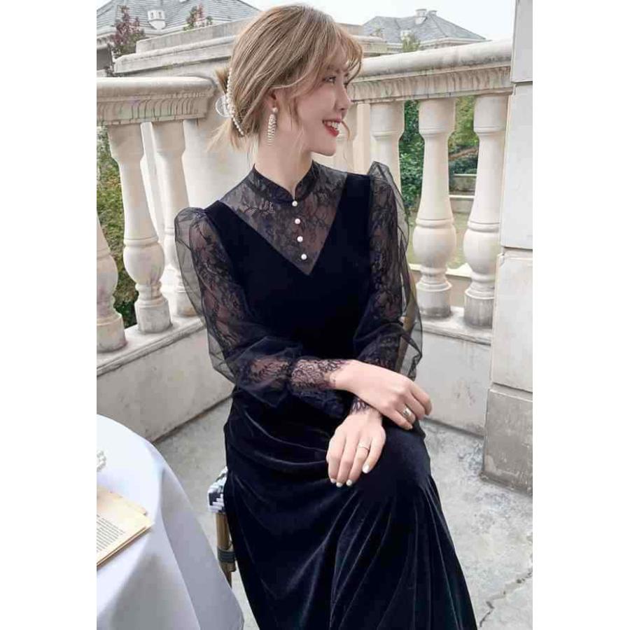 パーティードレス かっこいい 個性的 ロング 黒 長袖 総レース 春 夏 シフォン ブラウス風 大きいサイズ 結婚式 二次会 お呼ばれ ドレス_5