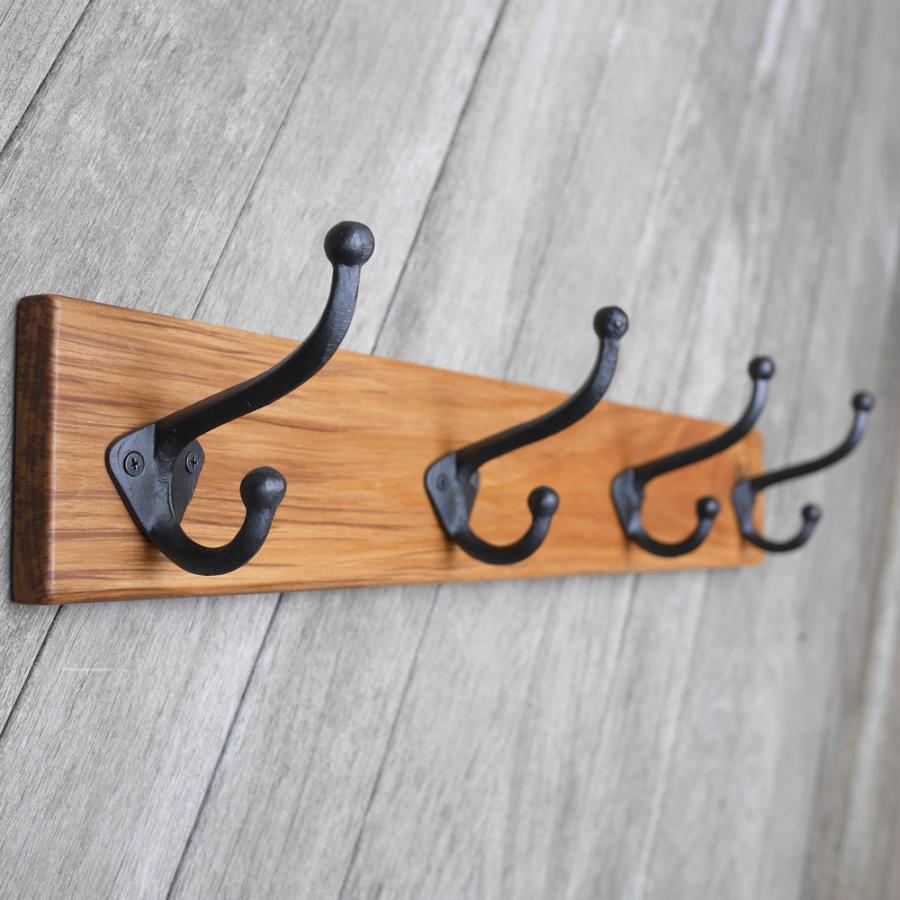 無垢チーク材＆4連大きなアイアンダブルフックのウォールコート