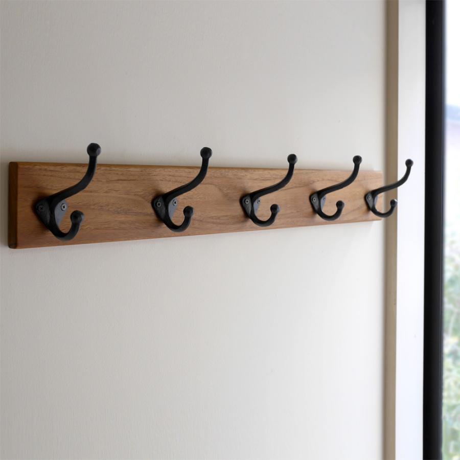 無垢チーク材＆5連大きなアイアンダブルフックのウォールコート