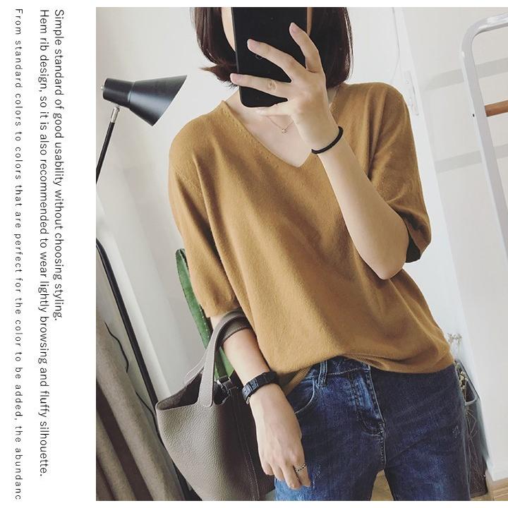 サマーニット シャツ Vネック ニット Tシャツ レディース 五分丈 リブ Vネックシャツ おしゃれ オフィス ビジネス シンプル 大人 カジュアル カラフル Slk 010 スタイルオングローバル 通販 Yahoo ショッピング