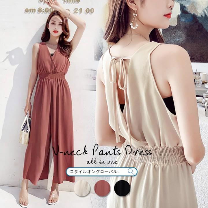 オールインワン レディース ワイドパンツ ロング ドレスパンツ ノースリーブ Vネック パンツドレス ウエストゴム インナー 薄手 きれいめ おしゃれ Slk 014 スタイルオングローバル 通販 Yahoo ショッピング