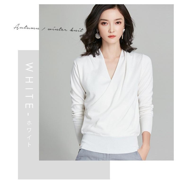Vネック Tシャツ レディース ニット セーター 長袖 ニットトップス レーヨン リブ ニット フロントクロス インナー 重ね着 軽い 薄手 カジュアル オフィス 秋冬 Sr 3101 スタイルオングローバル 通販 Yahoo ショッピング