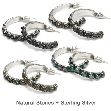 ピアス シルバーアクセサリー 純銀 シルバー925 天然石入り フープ系スタッドシルバーピアス 両耳用 2個セット 誕生日プレゼント ギフト 贈り物 BOX付 送料無料