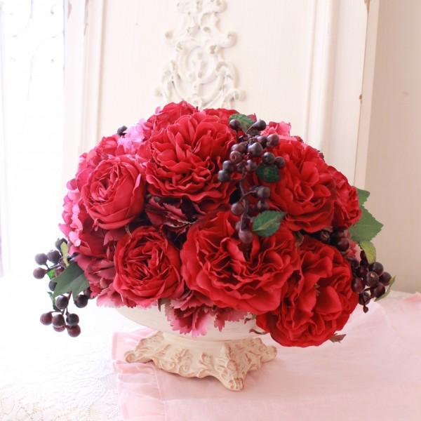 造花 アレンジ 豪華 高級 フラワーギフト 薔薇 赤 (赤バラ）インテリア