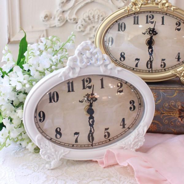 置時計 置き時計 テーブルクロック リボン オーバル クロック ホワイト