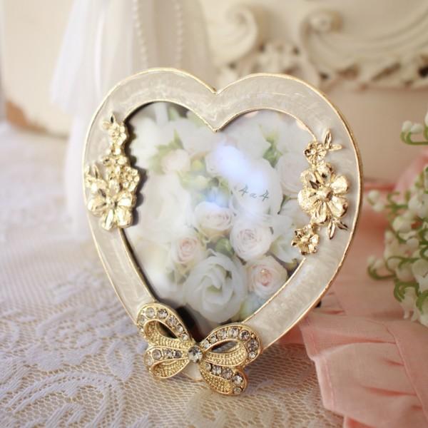 フォトフレーム ハート リボン 写真立て ラインストーン ホワイト