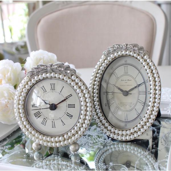 置き時計 リボンパール オーバル シルバー テーブルクロック 置時計