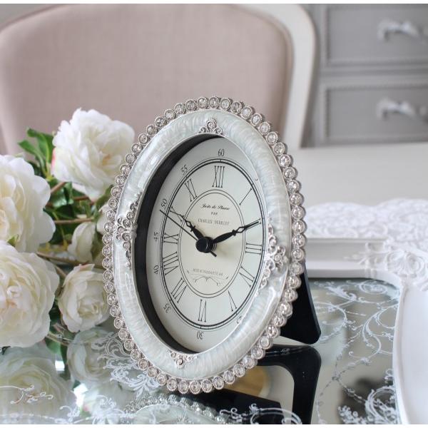 置時計 かわいい 置き時計 ギフト シルバー エナメルストーン オーバル