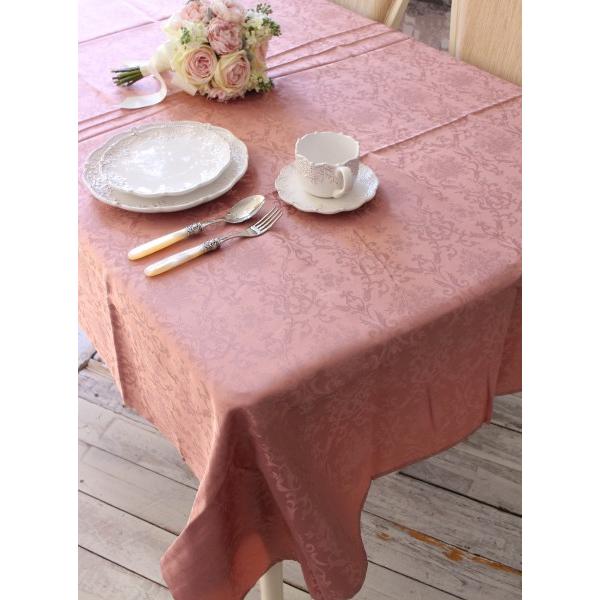 アイリッシュリネンダマスク　テーブルクロス　菊　ピンク　新品未使用 Damask rose ダマスク柄ジャカード織 テーブルクロス 約135